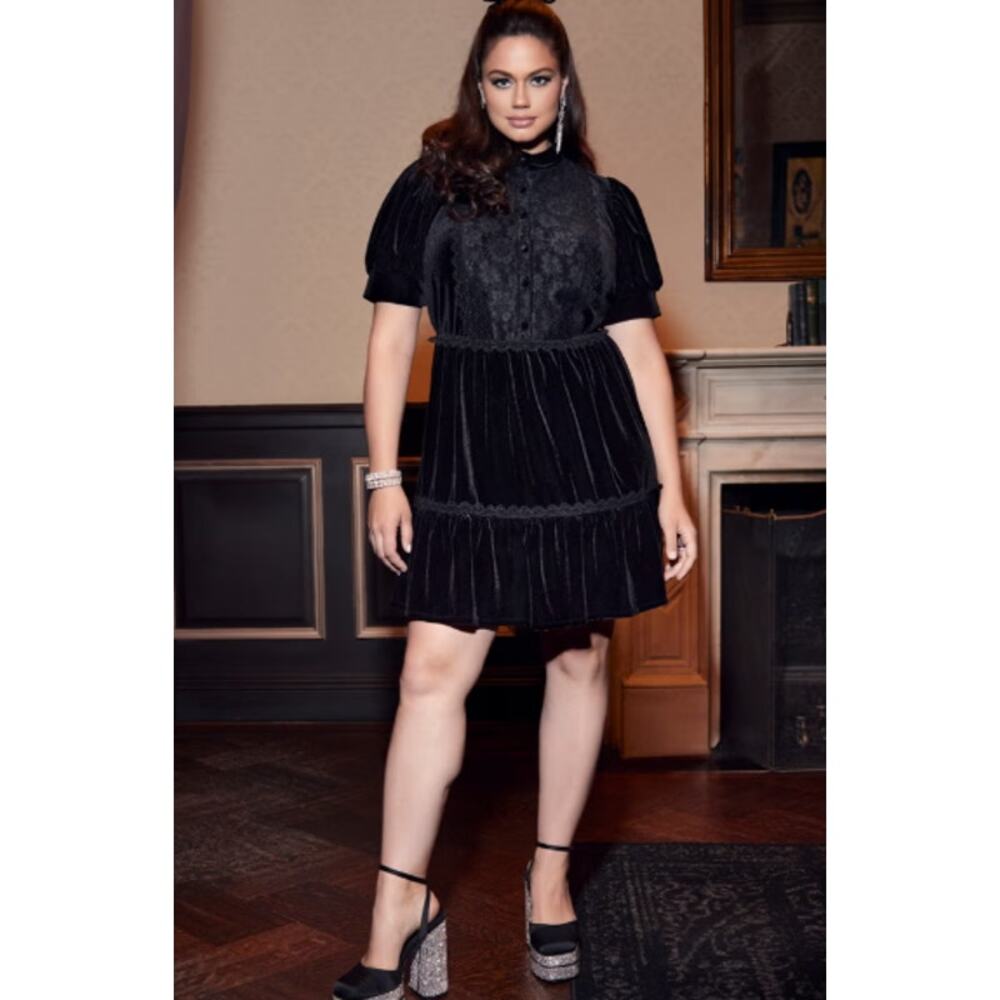 ELOQUII Elements Puff Sleeve Dress With Lace Inserts